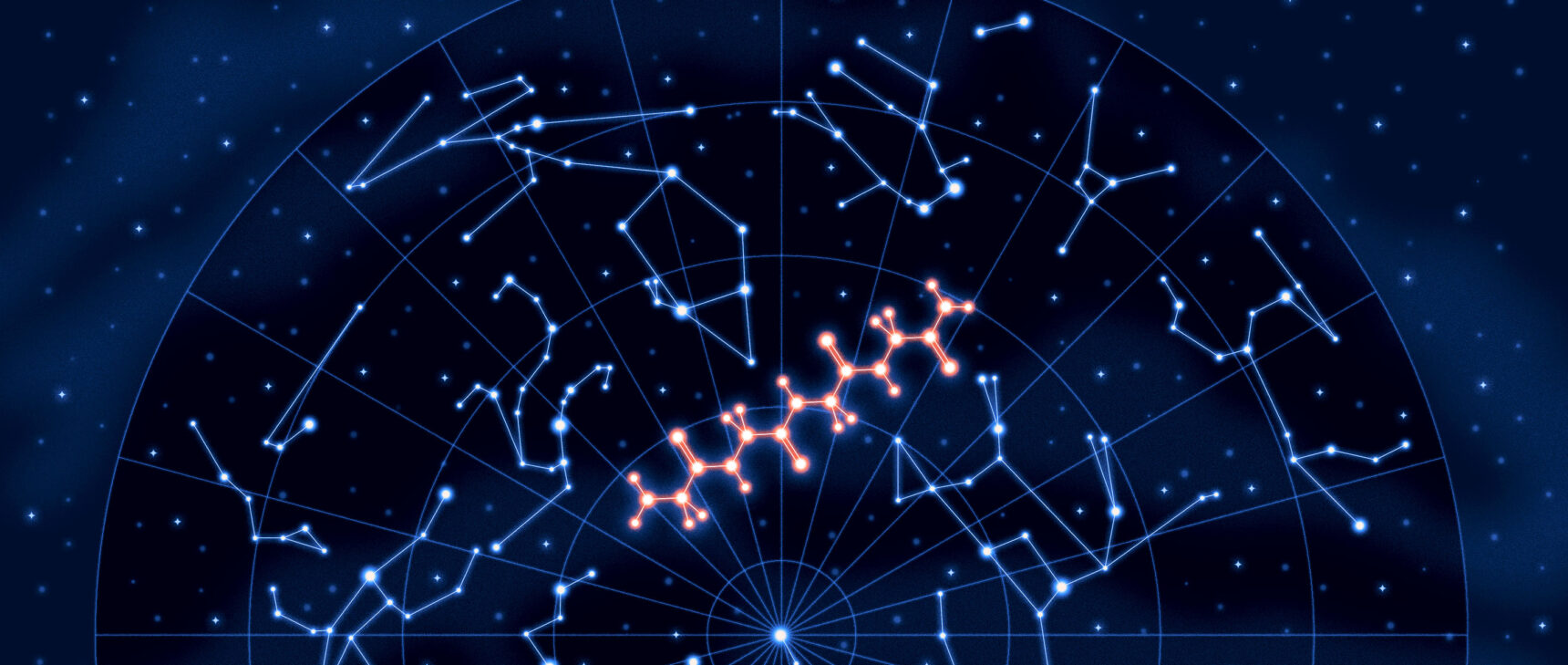 An illustration of a polyglycine molecule among the constellations.