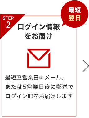 STEP2 ログイン情報をお届け 最短翌日 最短翌営業日にメール、または5営業日後に郵送でログインIDをお届けします。