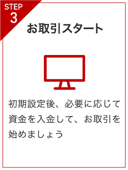 STEP3 お取引スタート 初期設定後、必要に応じて資金を入金して、お取引を始めましょう