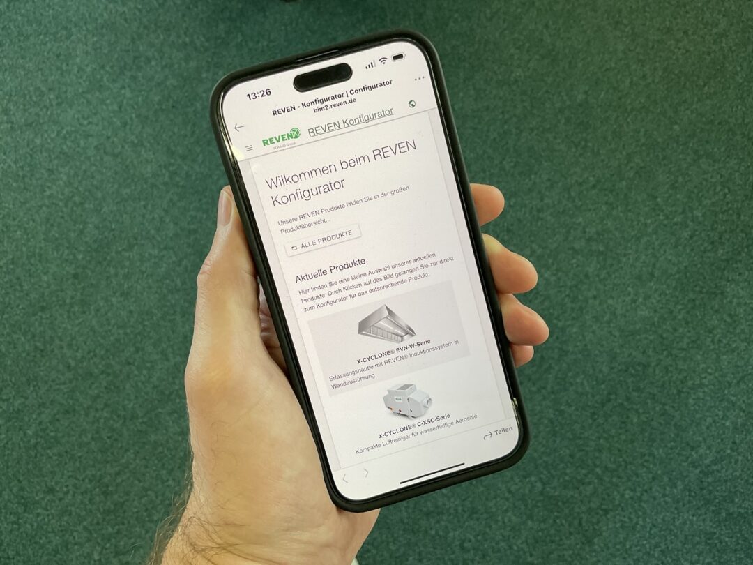 Der neue BIM Luftreiniger Produkt Konfigurator auf einem Smartphone