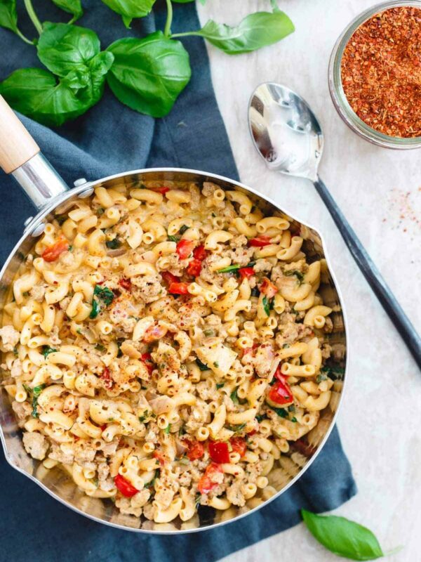 Turkey skillet mac and cheese is creamy and decadent tasting but still an easy and healthy dinner you can have ready in just 30 minutes with only one dirty pot!