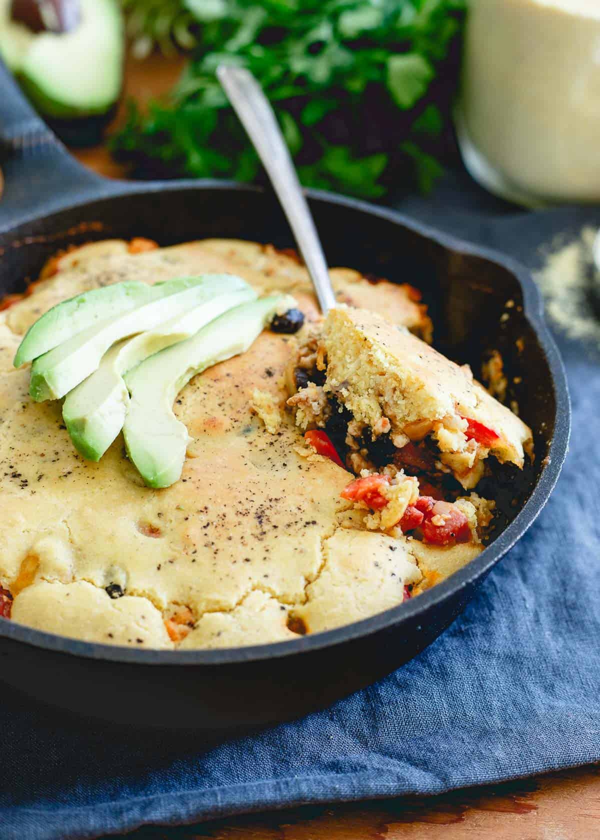 This chili pie combines a healthy, leaner turkey chili recipe with a hearty gluten-free cornbread topping, all baked together in one skillet.