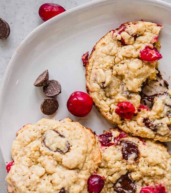 Cranberry chocolate chip cookies on a plate.