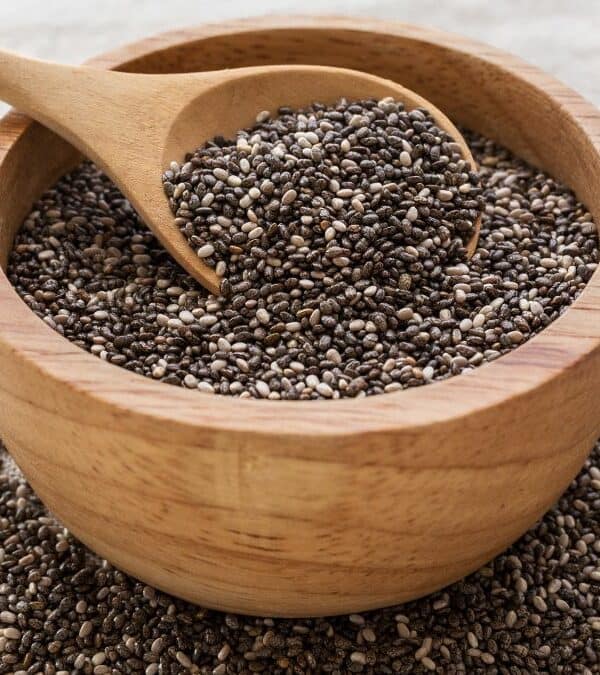 A bowl of chia seeds with a wooden spoon.