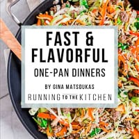 Cover of the book "Fast & Flavorful: One-Pan Dinners" by Gina Matsoukas, featuring a close-up of a colorful skillet meal with vegetables and meat.