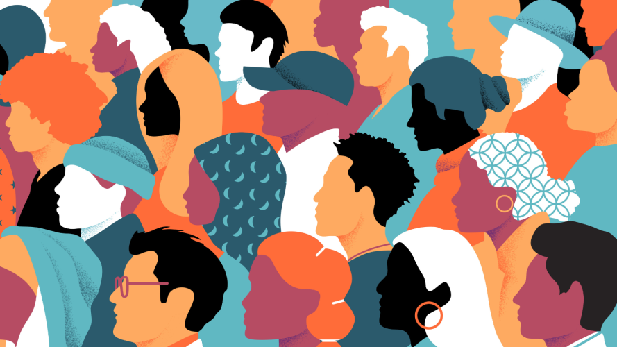 Colorful illustration of side profiles of a group of people. Designers stuyding human-computer interaction learn about the human side of the equation.