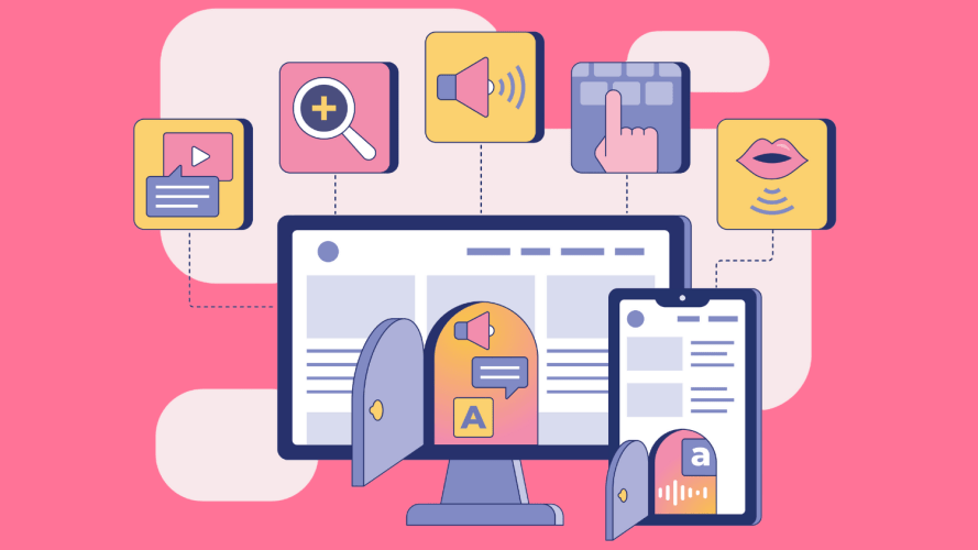 Colorful illustration of desktop and mobile screens with floating boxes that each depict accessibility considerations in the human-centered design process.