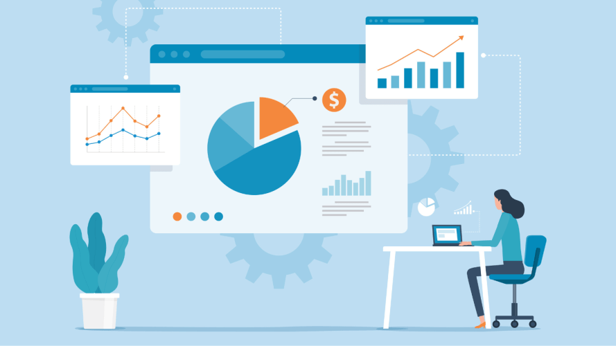 Illustration of a woman looking at a laptop with different data visualizations such as pie charts, scatter plots and bar charts.