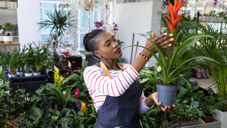 A woman learns how to start a small business in a floral shop.