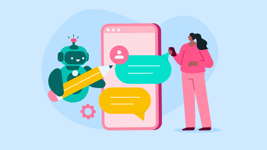 Illustration: A female customer in pink interacts with the best AI chatbot on her mobile device