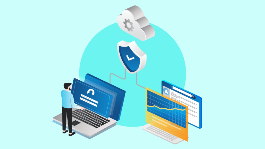 An illustration depicting digital devices connecting to the cloud through a shield which represents security.