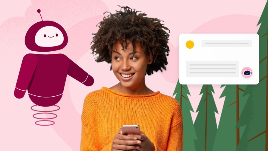 A woman holds a phone while smiling at two nearby options, a chat screen and an AI bot. [Image: wayhome.studio / Adobe Stock]