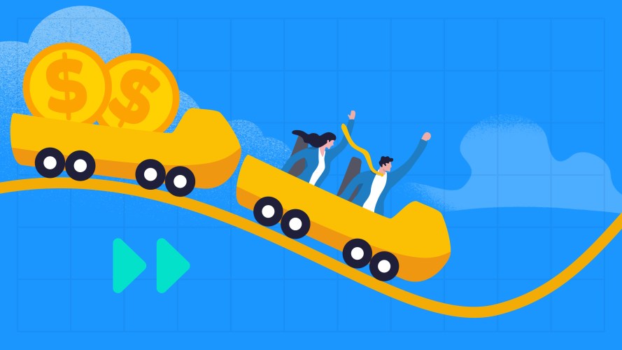 Illustration of salespeople on a roller coaster with dollar signs to represent sales acceleration.