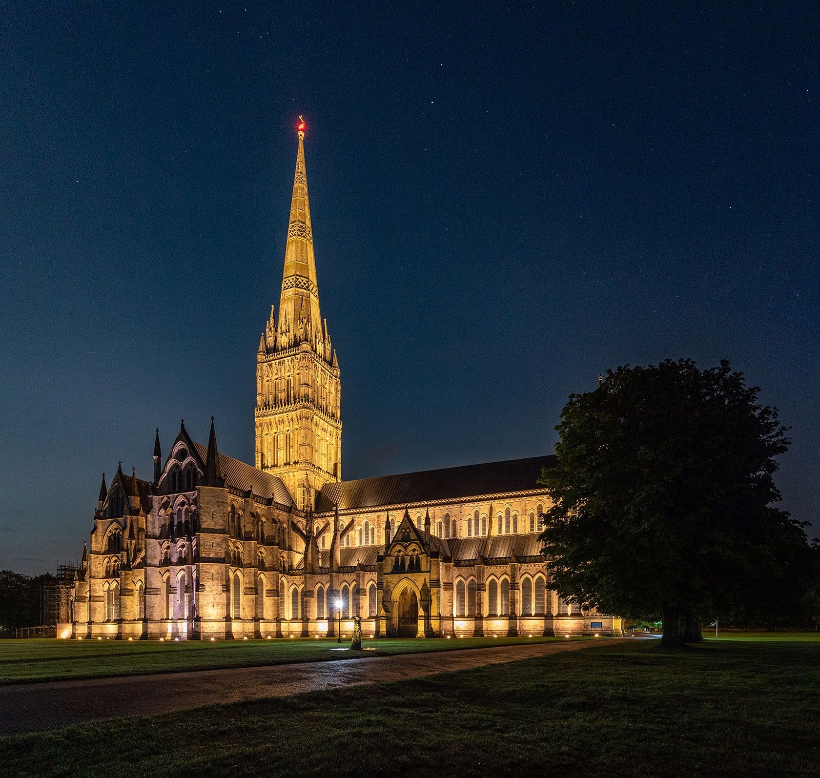 Salisbury Cathedral lit up at night