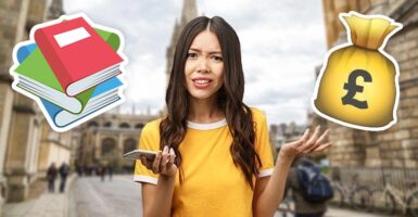 confused woman next to books and money