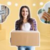 Girl carrying moving boxes with images of houseshare sign and friends at home