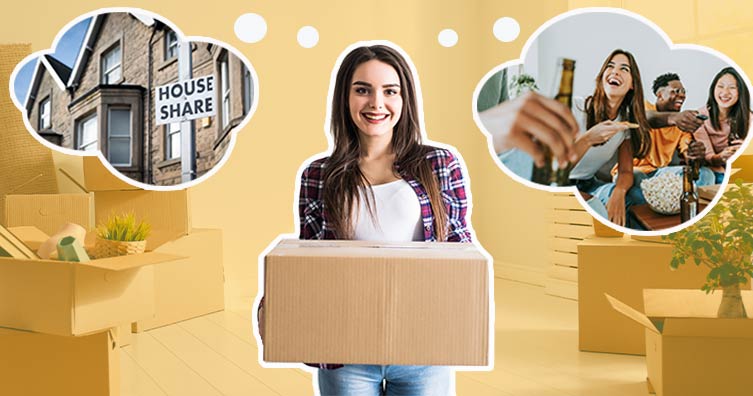 Girl carrying moving boxes with images of a houseshare sign and friends having fun at home