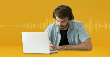 Man transcribing at desk with laptop and sound wave background