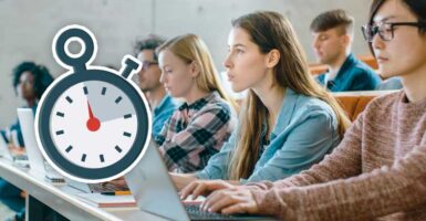 students in classroom with stopwatch icon