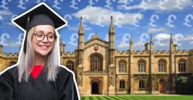 female graduate looking at university with pound signs