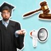 confused graduate with megaphone, calculator and gavel