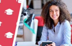 Woman in an office with graduate cap repeat pattern