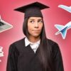 graduate surrounded by books, a laptop, plane and money