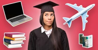 graduate surrounded by books, a laptop, plane and money