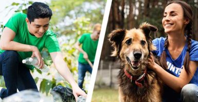 Man picking litter and volunteer with dog