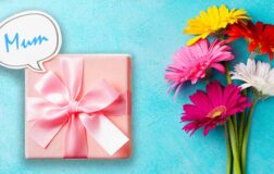 Pink present and flowers