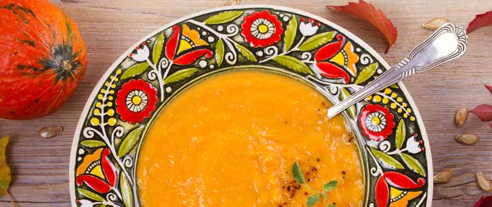 Bowl of soup with autumnal setup