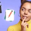 Woman thinking next to a movie clapperboard, baby bottle and notebook and pencil