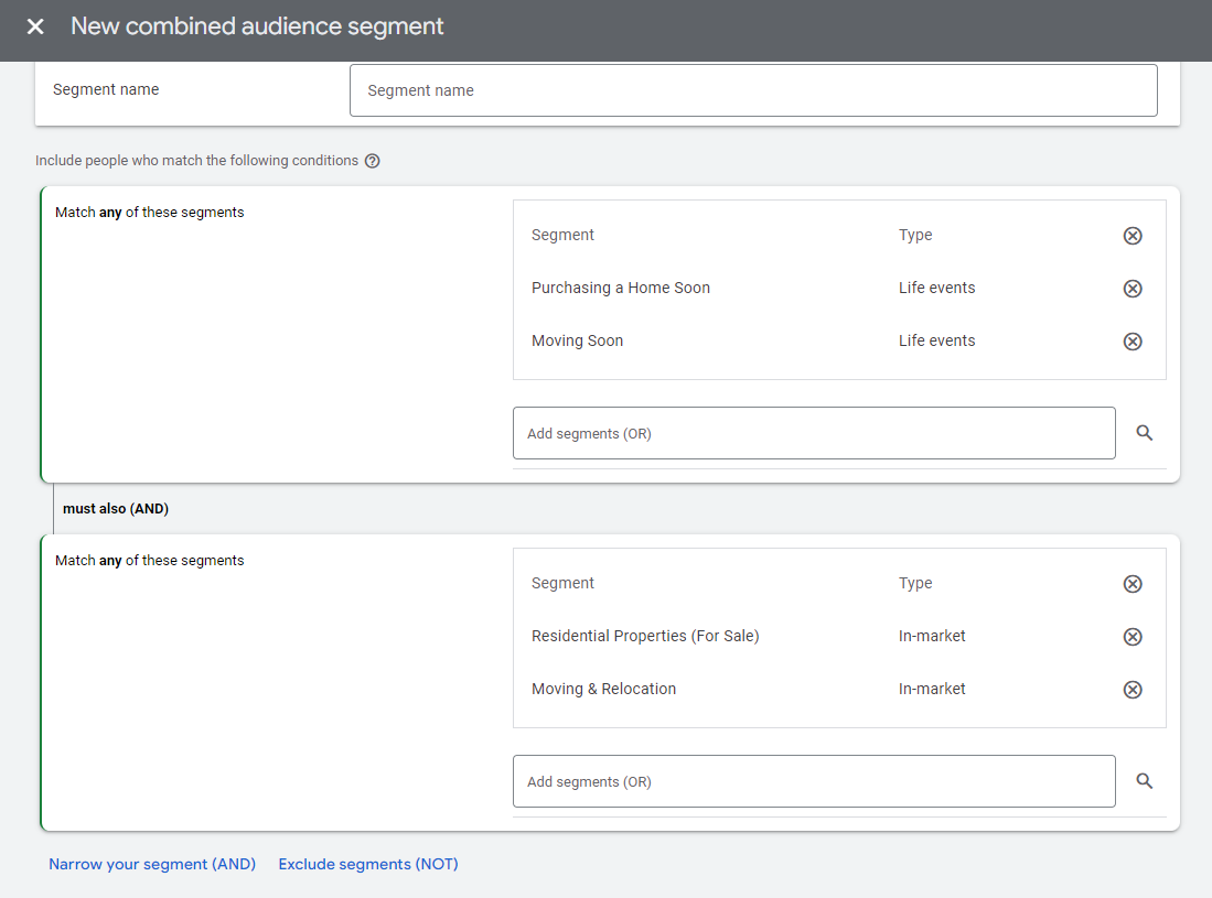 Combined segment targeting example on GDN.