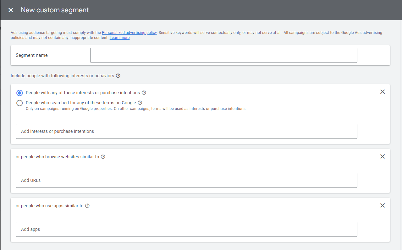 Custom segment targeting creation on the GDN.