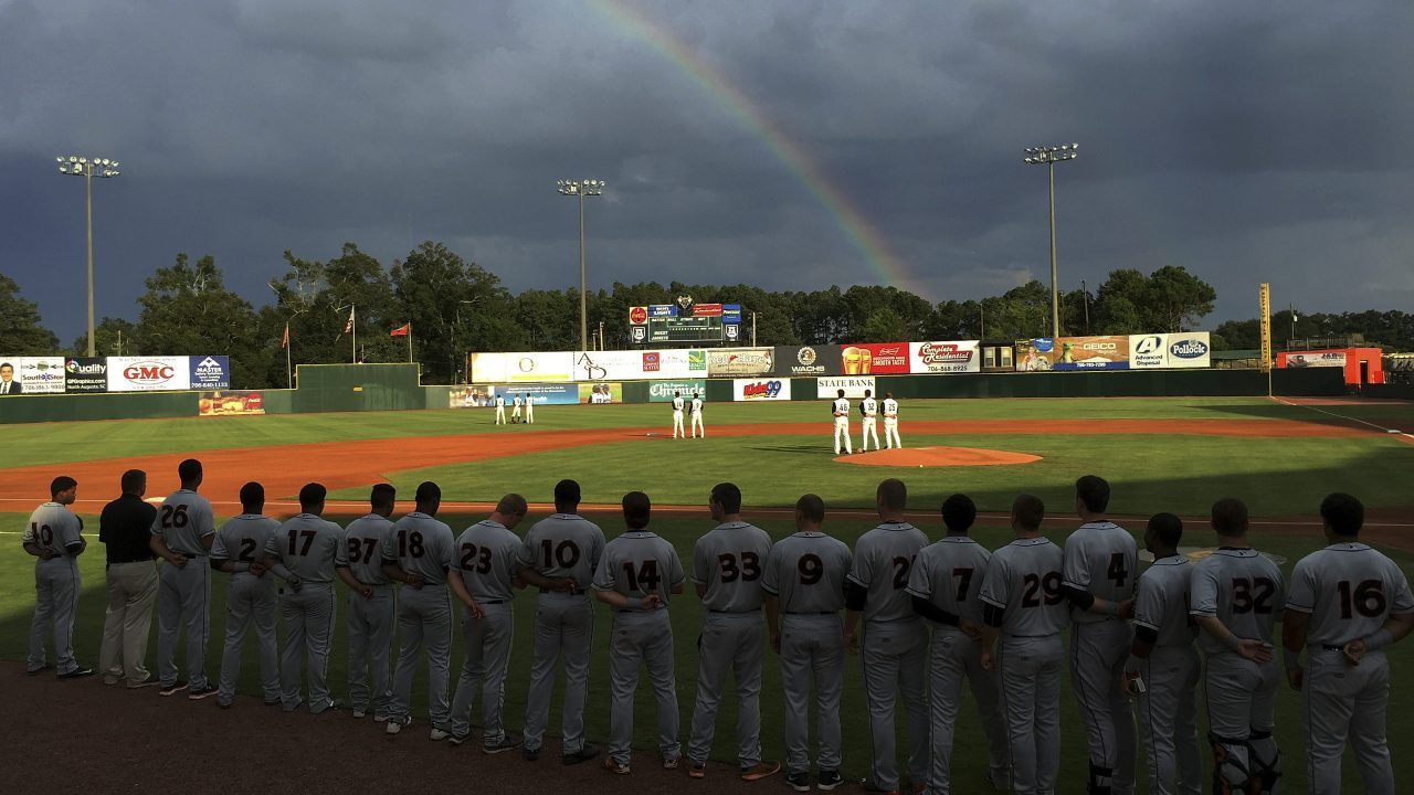 AUGUSTA  GA, JULY 15: A rainbow arches the sky over Lake Olmstead Stadium during the playing of the national anthem as  the single A  Augusta GreenJackets play the Delmarva Shorebirds in Augusta GA, July 15, 2016. ()