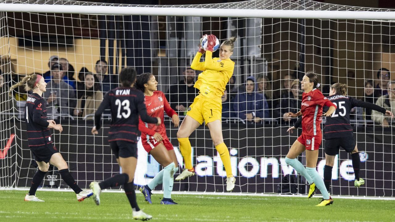 Bella Bixby of Portland makes save in NWSL title game