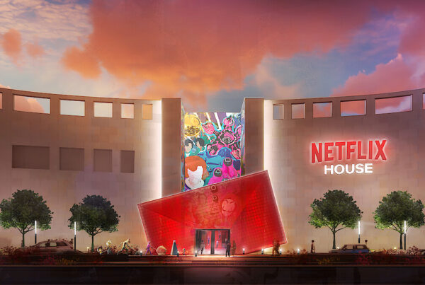 An artist's rending shows the exterior of a mall building with a large sign that says "Netflix House" on it