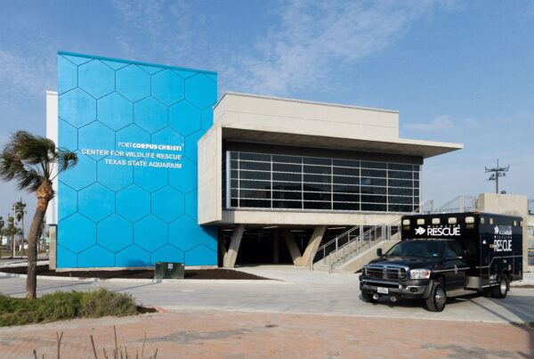 An exterior shot of the Texas State Aquarium. The side of the building reads "Port Corpus Christi Center for Wildlife Rescue."