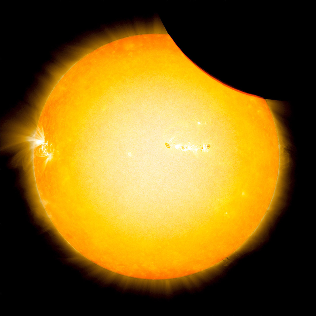 Image of the Moon transiting across the Sun, using a blend of 171 ångstrom extreme ultraviolet light and visible light imagery from SDO from August 21, 2017. Credit: NASA/SDO