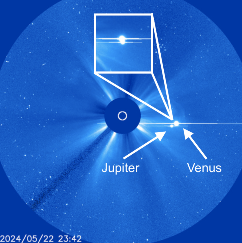 May 22. A planetary conjunction of Jupiter and Mars as seen by the SOHO spacecraft’s LASCO C3 imager. Image via NOAA.