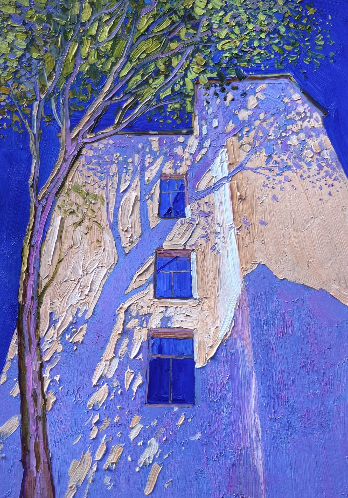 an oil painting of the side of a building with blue shadows cast by a tree