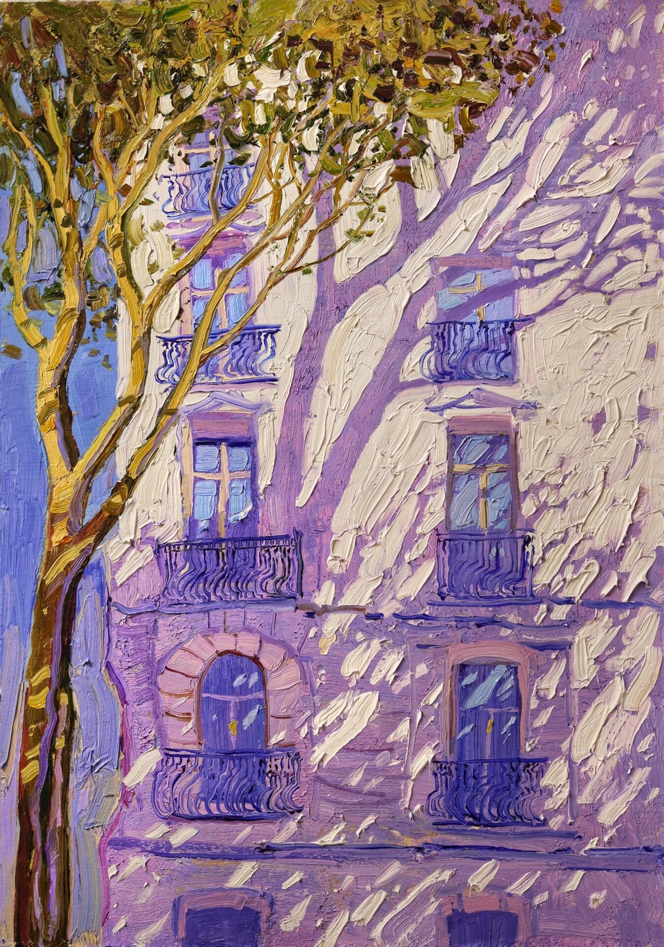 an oil painting of a Parisian building with shadows cast onto it by a tree