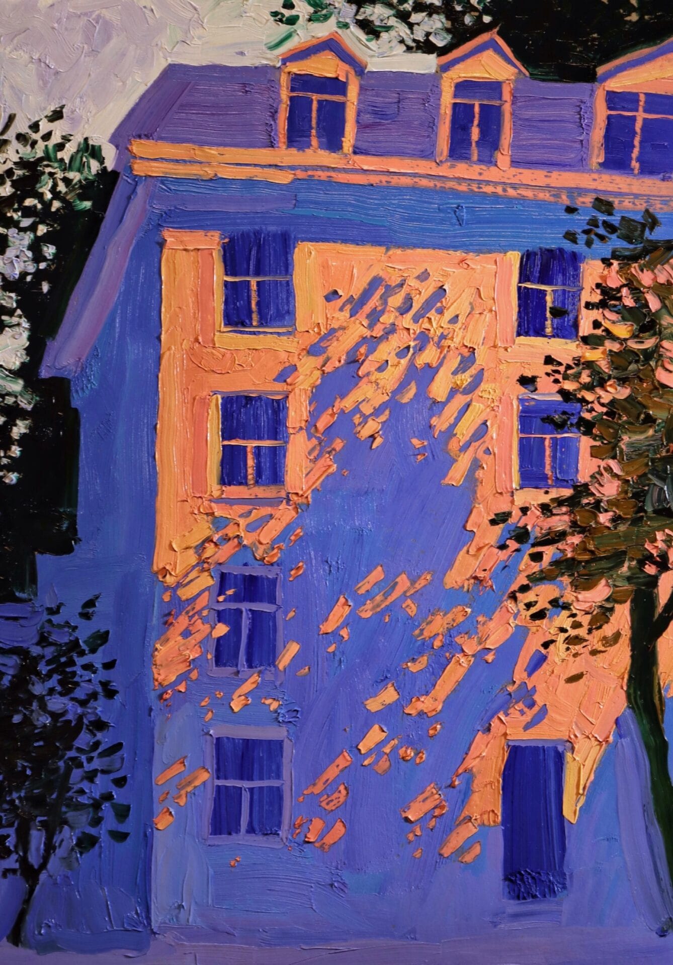 an oil painting portraying shadows from trees cast onto the side of a building in the evening