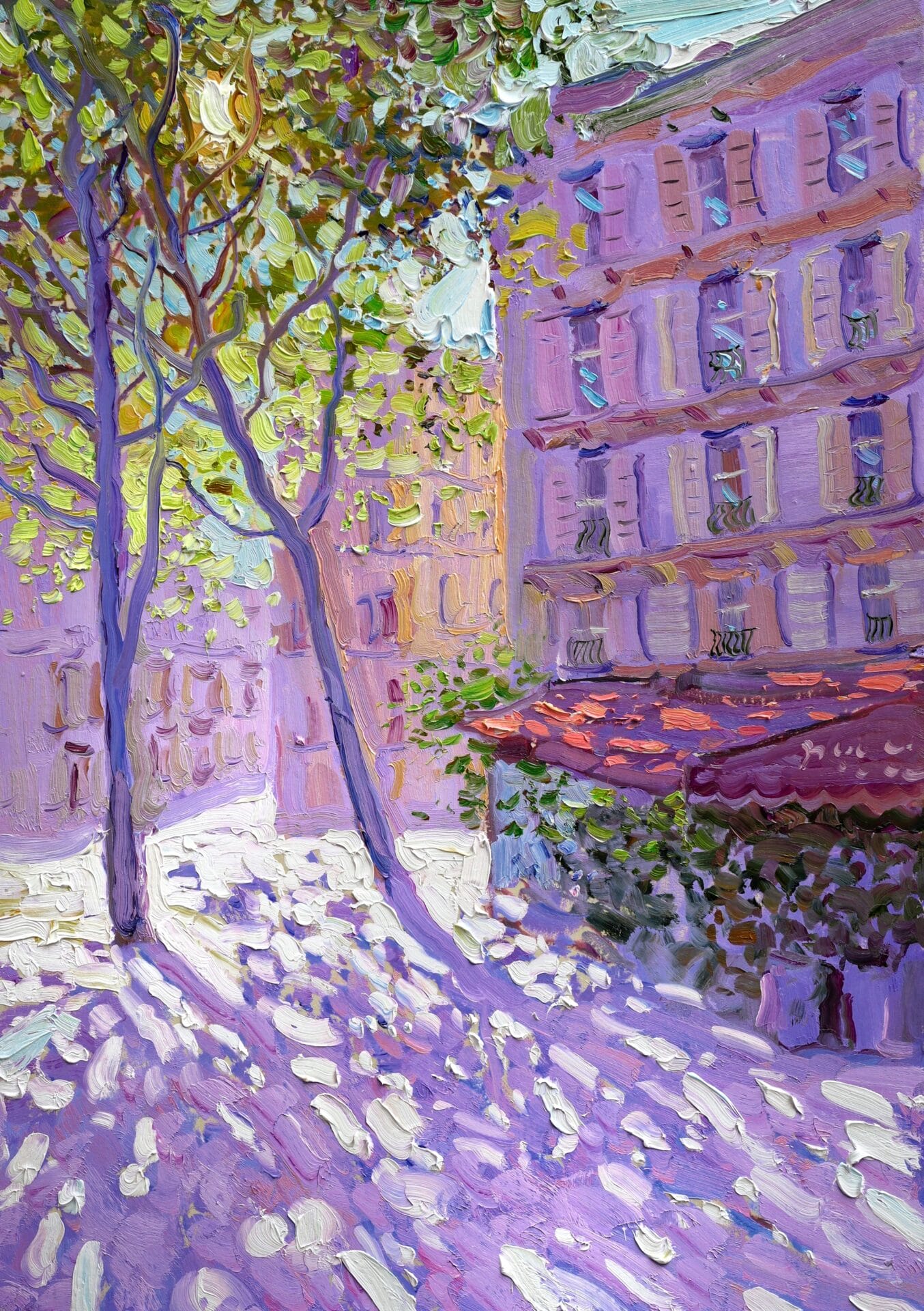 an oil painting of a sunny Parisian street with sun-dappled ground through the trees