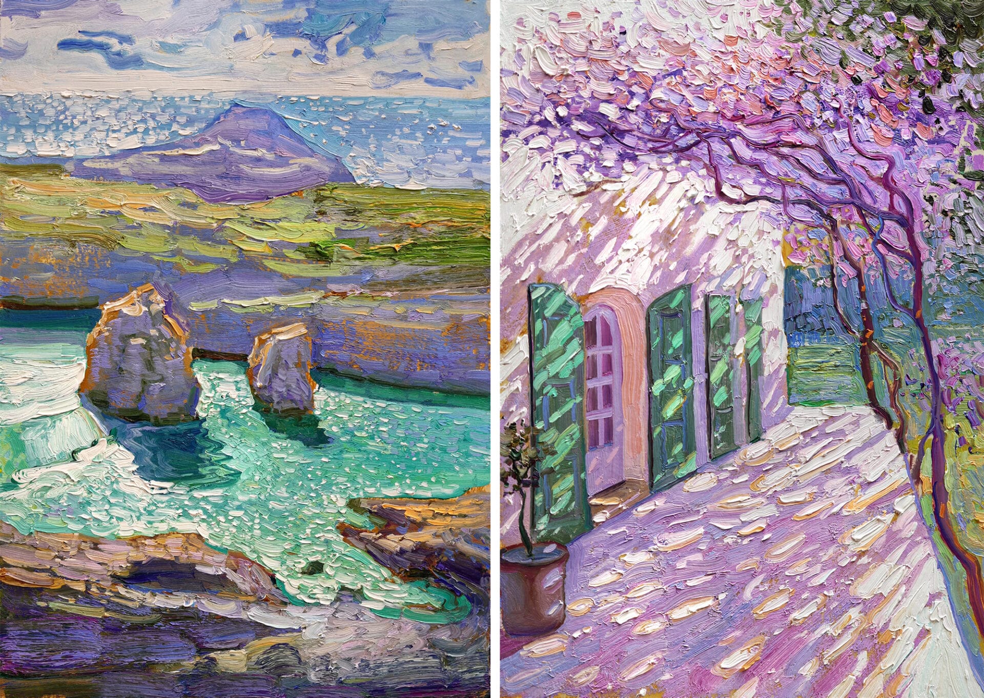 two paintings, on the left an island view of the sea and a rocky inlet, and on the right, a building Europe with green shutters and shadows from a wisteria on the walls and ground