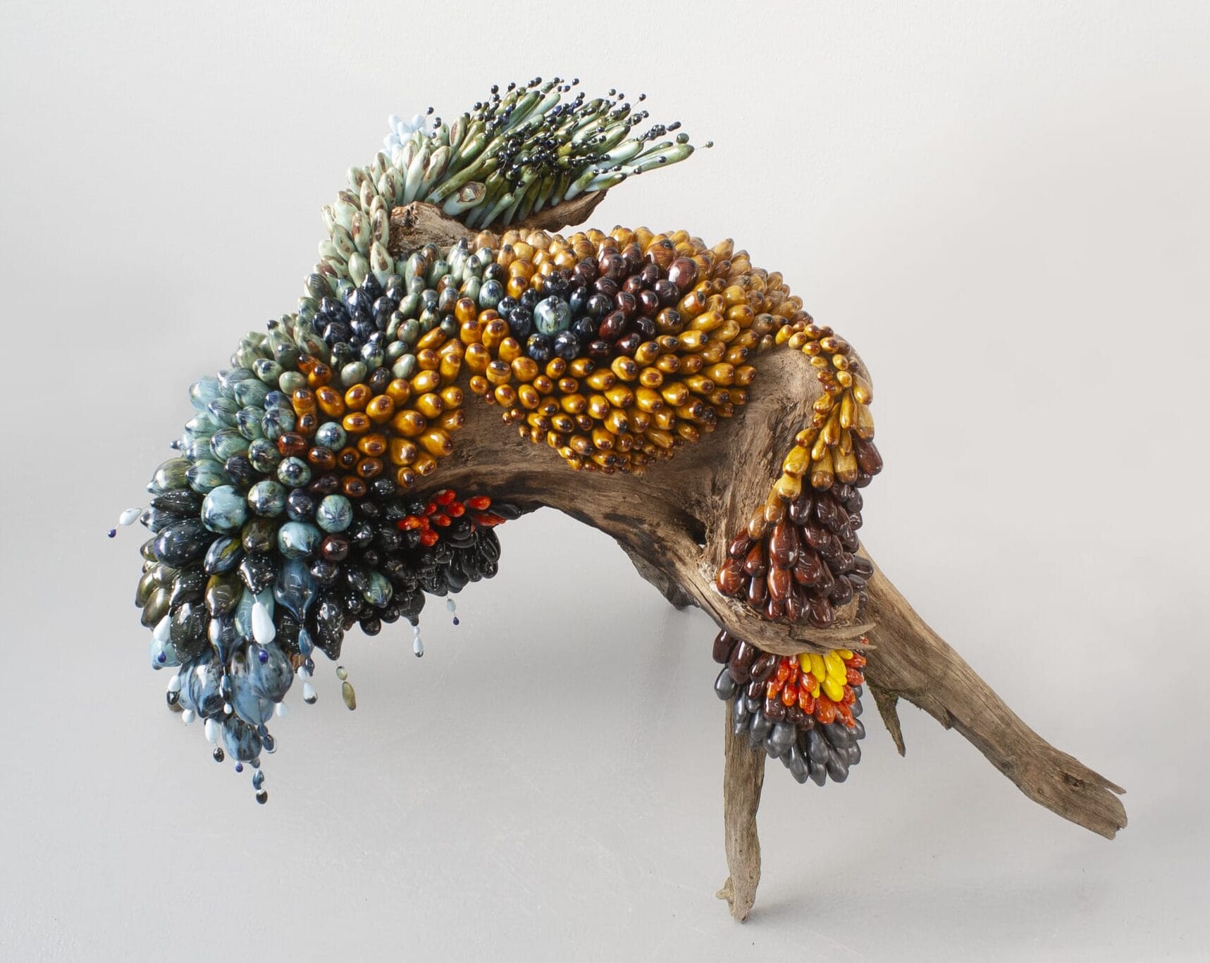 a botanical sculpture made from glass, wood, and ceramics