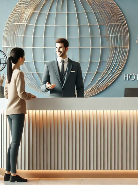 A modern, contemporary lobby with a friendly staff member behind a sleek reception desk, warmly interacting with a smiling guest. The space features soft blue, light gray, and gold tones, with minimal décor including indoor plants and a stylized globe, creating an inviting and professional atmosphere.