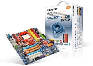 Gigabyte GA-MA790FX-DQ6 motherboard with its packaging.