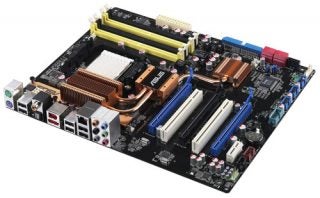 Asus M4N82 Deluxe motherboard with heat sinks and ports