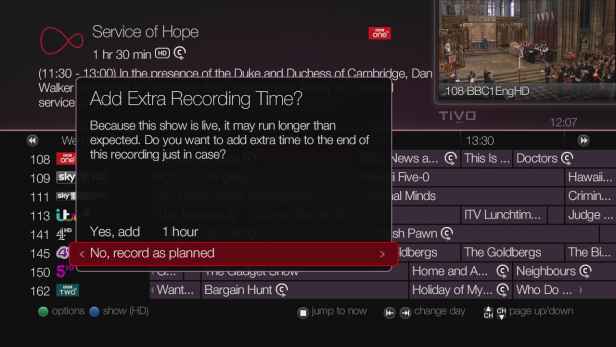 Virgin V6 11Screenshot of Virgin V6 TV interface prompting for extra recording time.